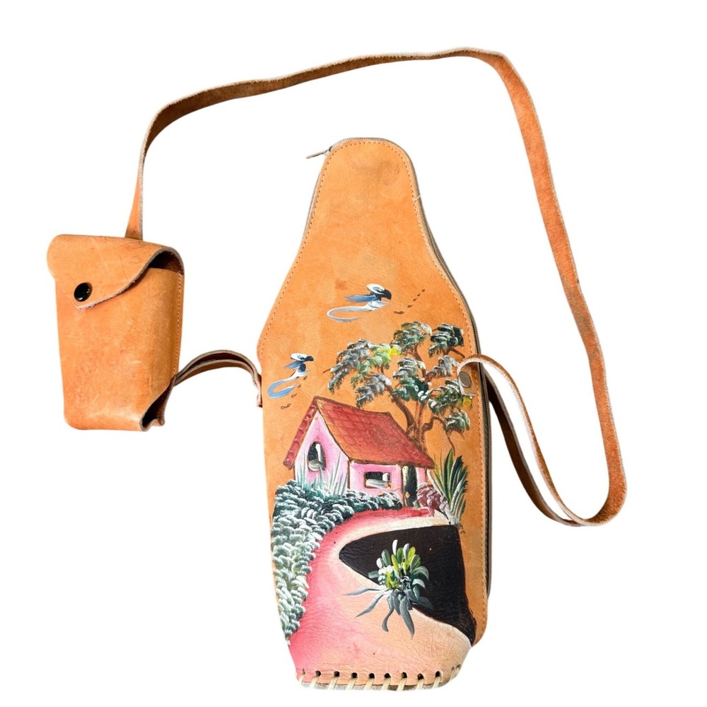 Unbranded Nicaragua Hand Painted Leather Bottle Bag Size OS Tan Folk Art Boho